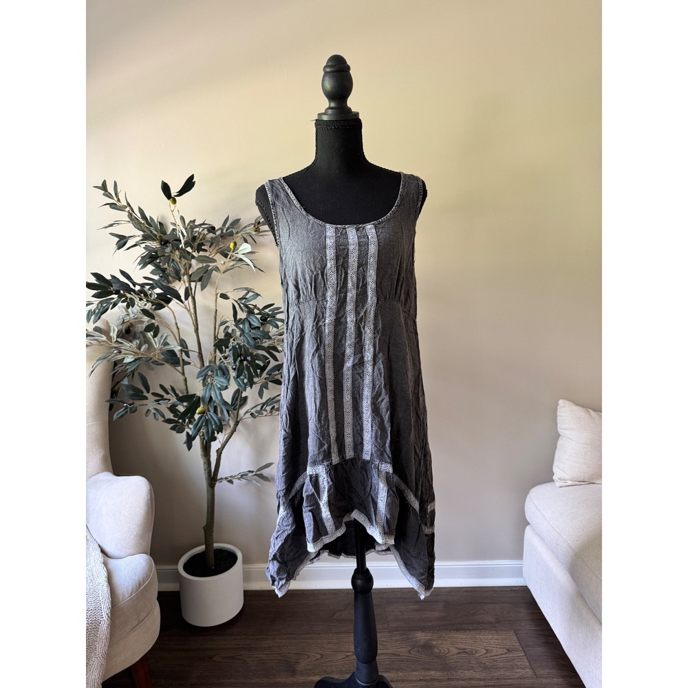 Whispers Gray Mineral Wash Lace Trim Handkerchief Hem Boho Midi Dress Medium